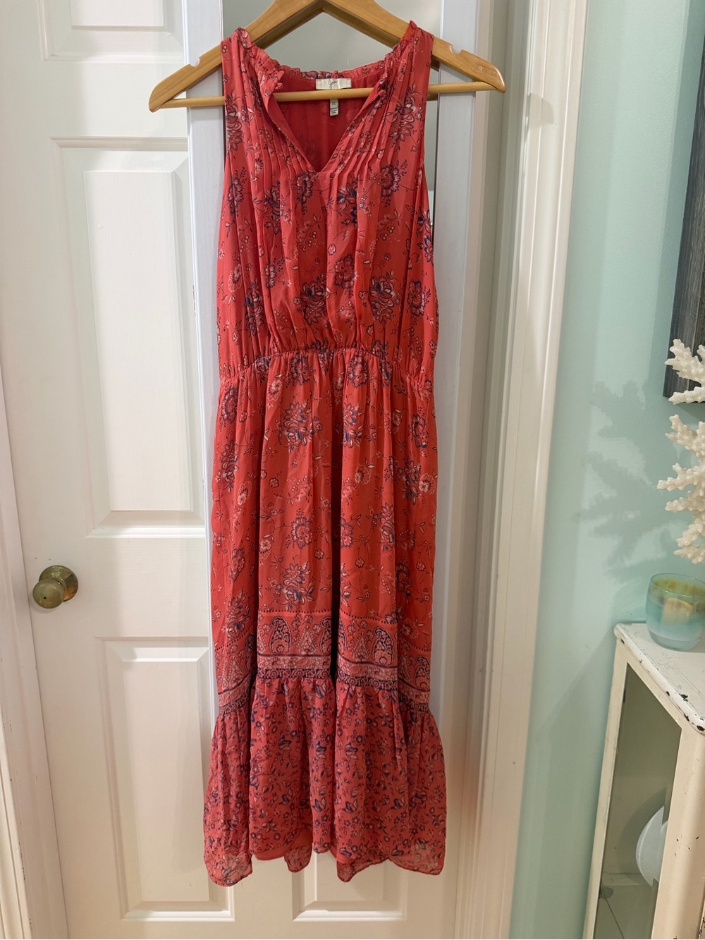 Joie Coral & Blue Flower Sleeveless Dress with Ruffle Hem